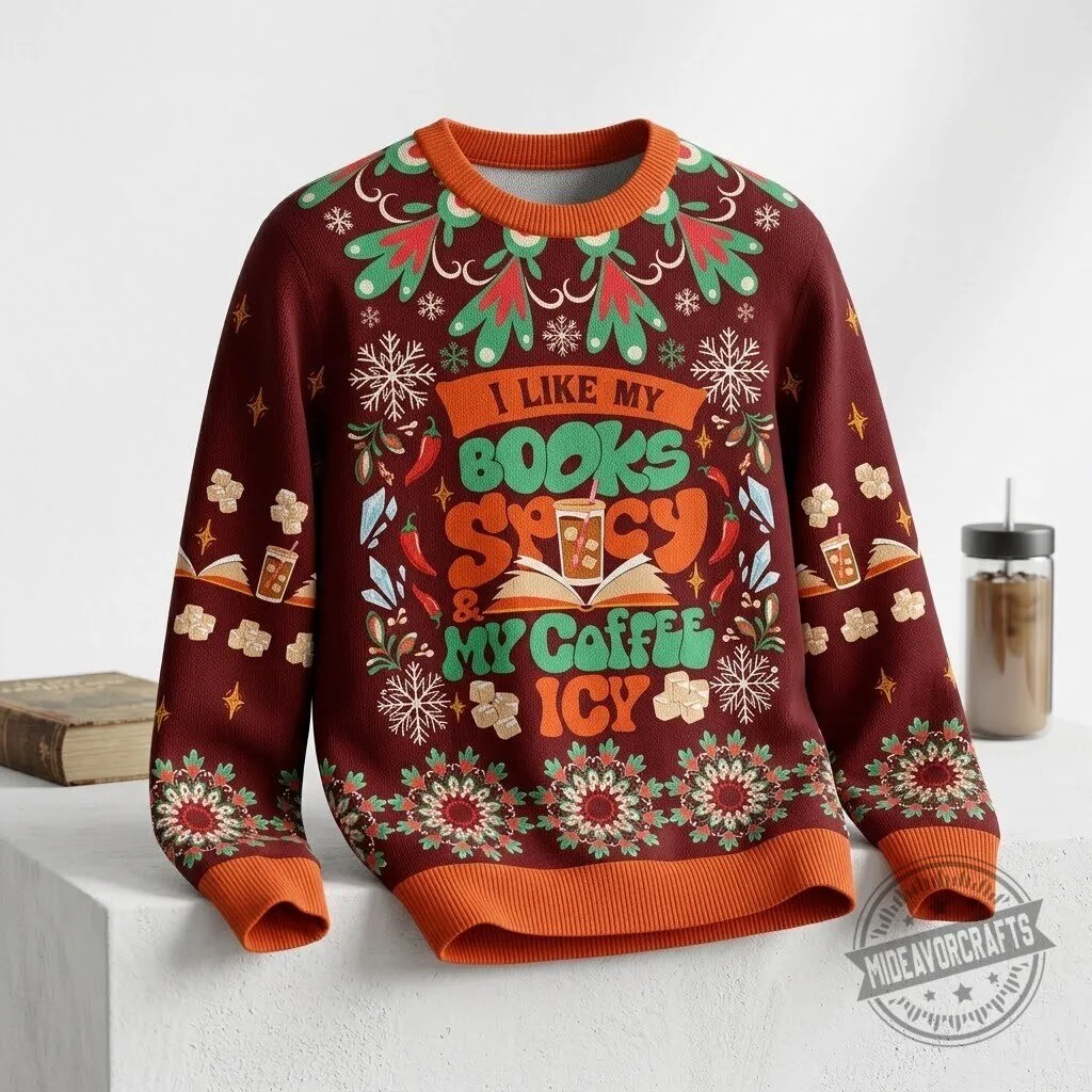 I Like Books Spicy And My Coffee Icy Christmas 2026 Ugly Sweater 10 I Like Books Spicy And My Coffee Icy Christmas 2026 Ugly Sweater